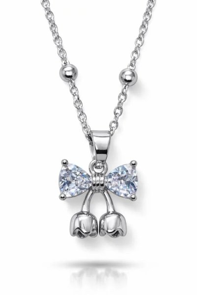 YümanınYumağı Silver Color Heart Bow Model Ball Chain Steel Necklace