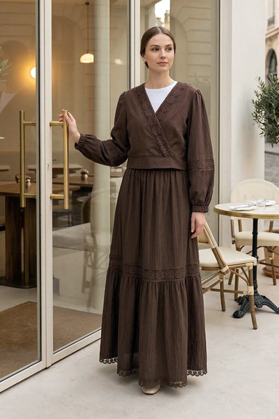 MODAQU Lace Detailed Kraş Blouse Skirt Brown Set