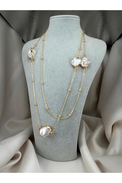ZS Aksesuar Gerçek Barok İnci Detaylı Uzun Gold Zincir Kadın Kolye