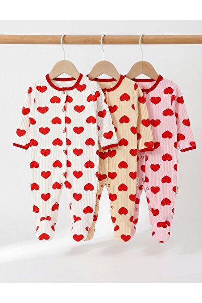 MiniKids Set 3 salopete, cu botosei, Inimioare, multicolor