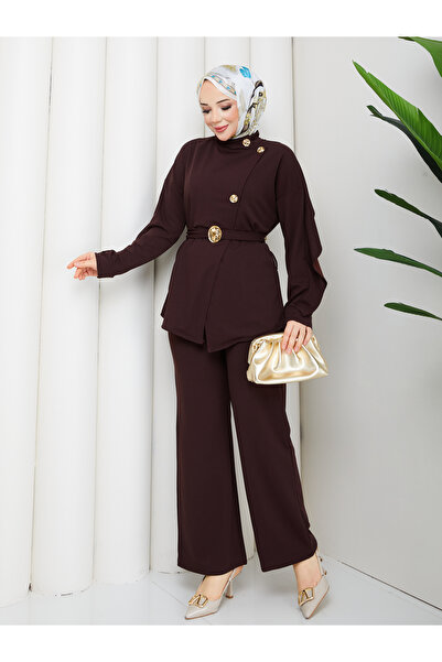TOKARİS TEKSTİL Women's Hijab Suit with Buttoned Front Collar and Pants