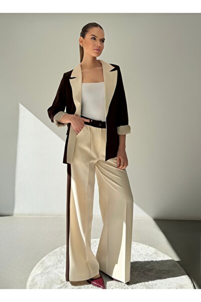 ossons Contrast Color Paneled Blazer Jacket Palazzo Pants Women's Set