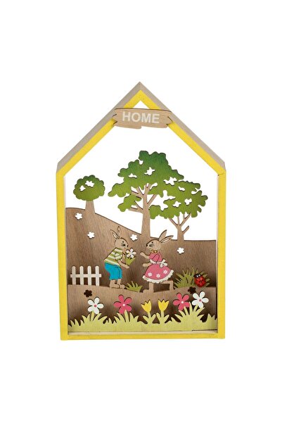 OEM Decoratiune de Paste din Lemn de Masa Casa Iepuri 14x4x22cm