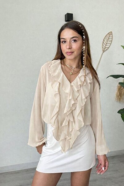modadagiyim Women's Beige Shirring and Sleeve Detail Ruffles Tie-Detail Chiff...
