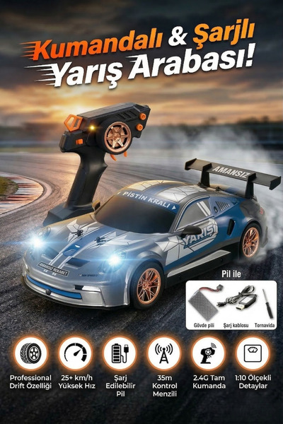 craftivio Uzaktan Kumandalı Şarjlı Işıklı Drift Yarış Arabası 1:10 Büyük Boy ...