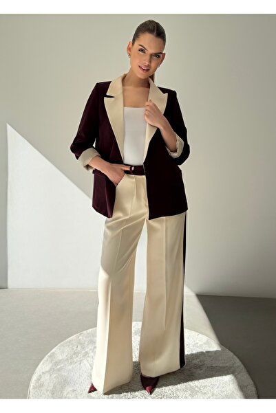 ossons Contrast Color Paneled Blazer Jacket Palazzo Pants Women's Set