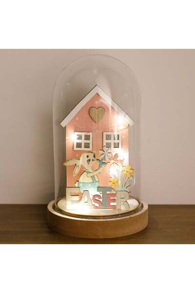 OEM Decorative Glass Dome with Bunny House & LED Ø11.5x19.5cm