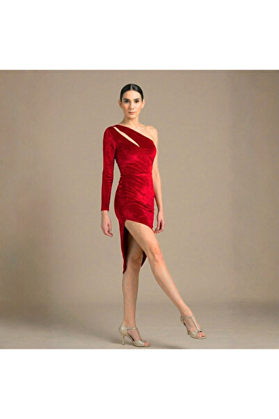 Due Stelle Kadın Kırmızı Tek Omuz Kadife Asimetrik Kesim Tango ve Davet Elbisesi