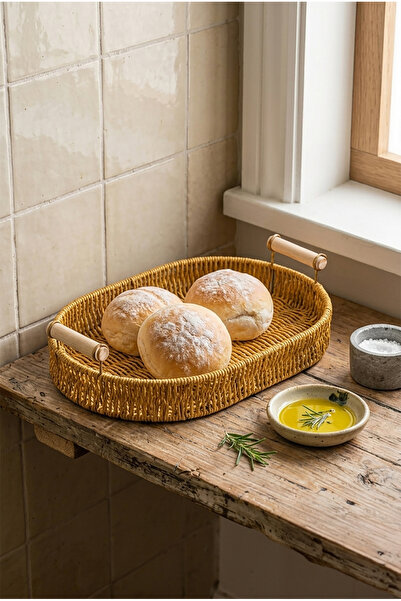 Ela&Elis Valera Rattan Decorative Basket Presentation Serving Tray Wooden Str...