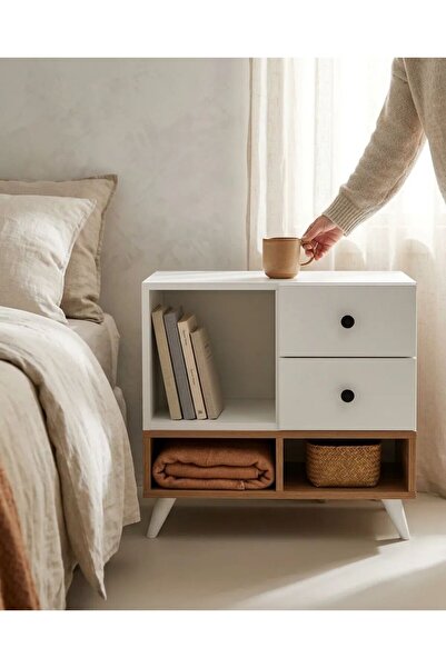 Projemob Miramob 2 Çekmeceli ve 3 Bölmeli Modern Başucu Sehpası Geniş Komodin...