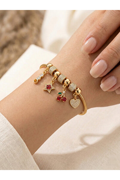 JEWELRY Altın Renkli Zirkon taşlı Charmlı Bileklik