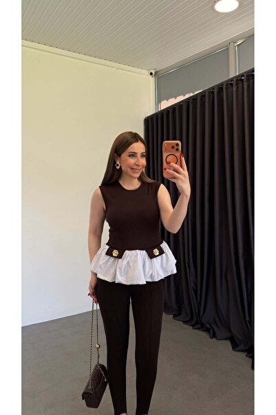 elif teke Balloon Skirted Floral Buttoned Blouse Brown