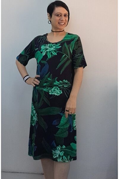 Mertcan Butik Black Green Patterned Short-Sleeve Combed Cotton Viscose Dress