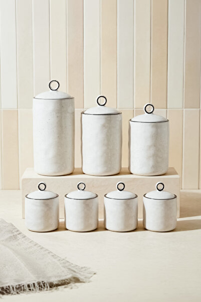 Perotti Nestore 7-Piece Bone Porcelain Vacuum Sealed Airtight Spice Jar Set w...