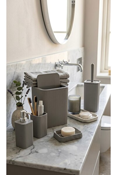 Line Parça Kare Banyo Seti: çöp kovası,WC Fırçası,Sabunluk,Diş Fırçası