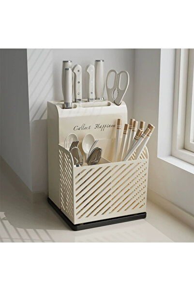 Viyogo Suport ustensile bucatarie, recipient cutite, 3 compartimente, plastic, 21 x 16 x 15 cm, alb