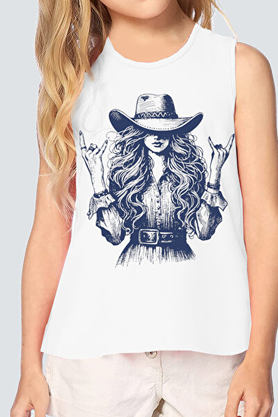 ROCKANDROLL Girl in Hat White Cut Sleeve Girls' T-Shirt