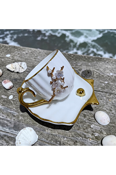 asc.home Set of Cups with Pearls for 2 People. Porcelain 90 Ml. Gold Detail