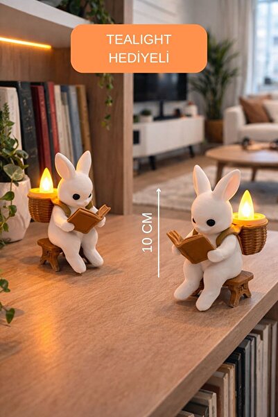 Printorium Kitap Okuyan Tavşan LED Mumluk Seti (2 'Li ) – Dekoratif Kitaplık,...