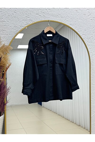 MİHRA STORE Efil Omuz İşlemeli Çift Cepli Ceket-EU3248 Siyah