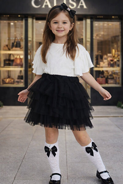 CALİSA Girl's Tutu Skirt Combination - Black Layered Skirt and White Blouse, ...