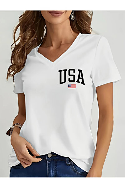 mercoledi Mâneci cu decolteu în V pentru femei USA cu imprimeu Regular Fit tr...