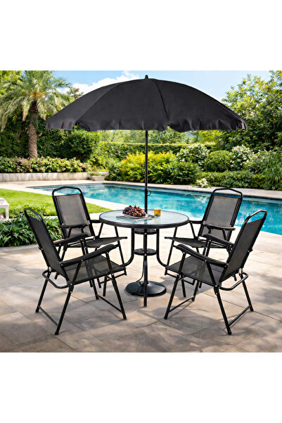 stratecht Sunfun 4 Kişilik Şemsiyeli Bahçe Masa Sandalye Takımı Cam Masalı Ka...