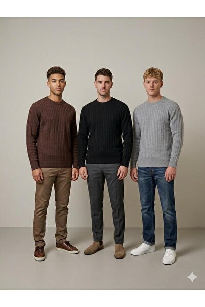 MADAM PARS 3-Piece Men's Slim Fit Crew Neck Corded Fabric Knit Sweater – Prem...