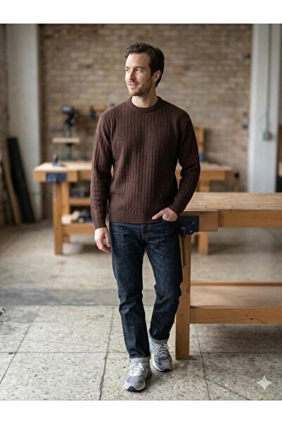 MADAM PARS Men's Black Corded Fabric Crew Neck Knitwear Sweater