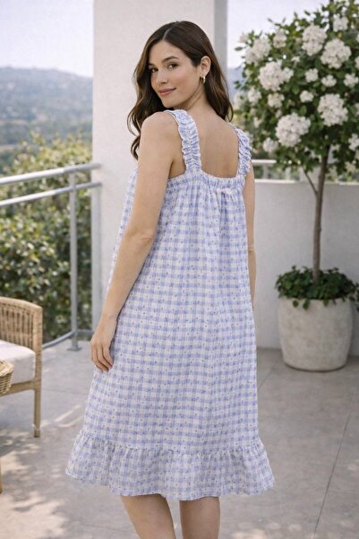 pajama set Blue Gingham Ruffle Strap Nightdress