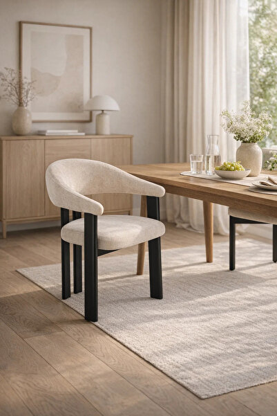 MARIA HOMES كرسي بذراعين بيج فاتح بأرجل خشبية سوداء، 79 × 49 × 48 سم