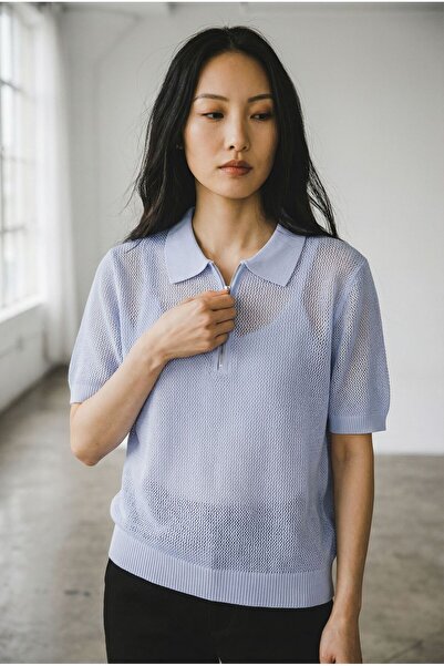 ÖNDER MODA Women's Textured Half Zipper Knitwear Polo Blouse