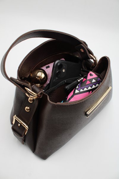 LASSO Women's Brown Crossbody Hand and Shoulder Bag with Internal Pocket, Front Accessory and Belt Detail