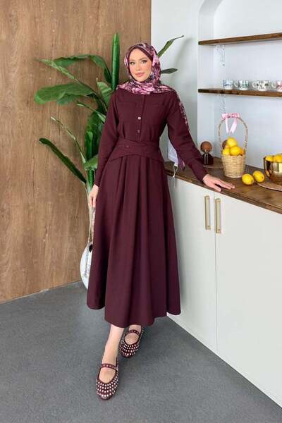 Hazamoda Silver Belted Dress Burgundy