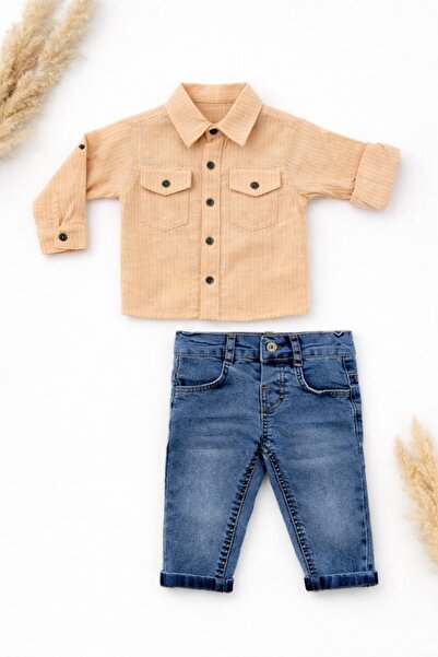 Pure Boutique Set bebe baieti camasa maro si blugi compleu copii baiat elegant 2 piese