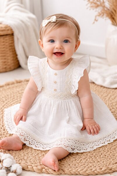 Pure Boutique Cotton muslin baby girl dress with Ruffled and lace, elegant ba...