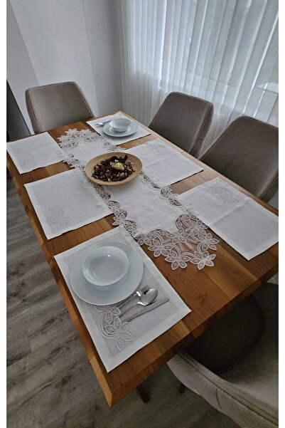 DOLUNAY HOME TEKSTİL Linen Textured Luxury French Lace American Set -12 Perso...