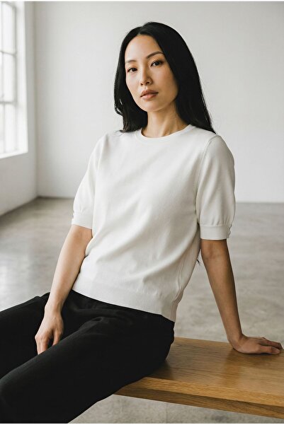 ÖNDER MODA Women's Short Sleeve Knitwear Blouse with Button Detail Soft-Textured