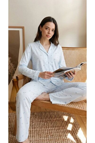 Espuar Дамски комплект пижама с дълъг ръкав и яка, с памучен плат и цветя