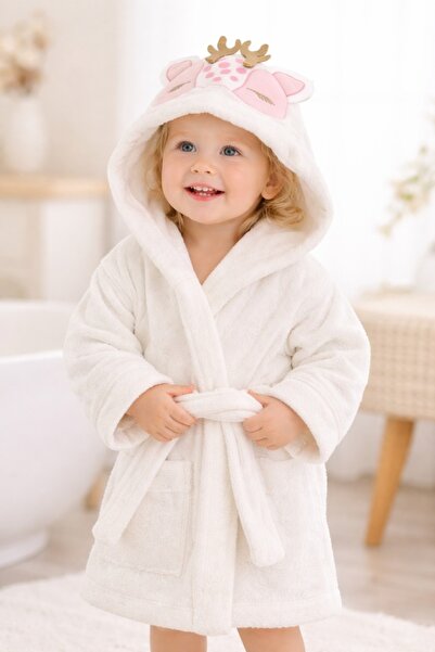 Pure Boutique Halat baie copii pufos alb cu gluga unicorn bumbac