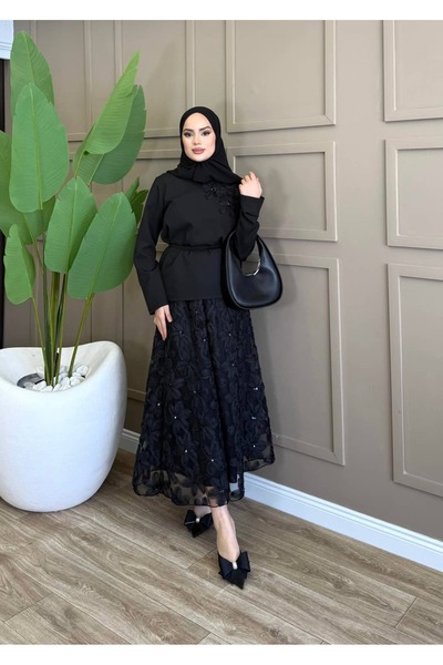 ALLİNOFFİCİAL Çiçek Dokulu Zarif Takım Siyah