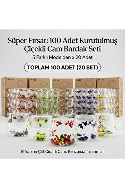 EVİST Set of 100 Double Wall Cups with Dried Flower Design - Special for Cafe...