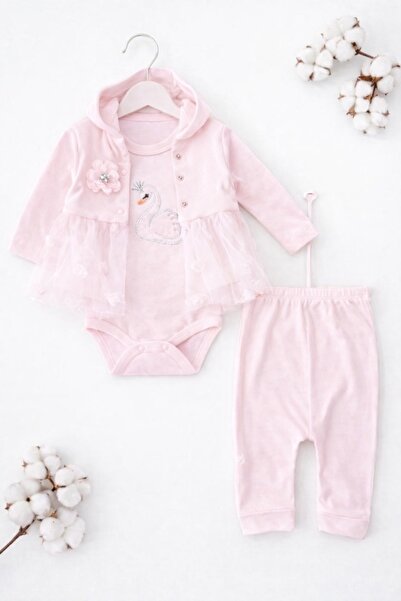 Pure Boutique Baby girl 3-piece pink set with swan, bodysuit, pants and jacket