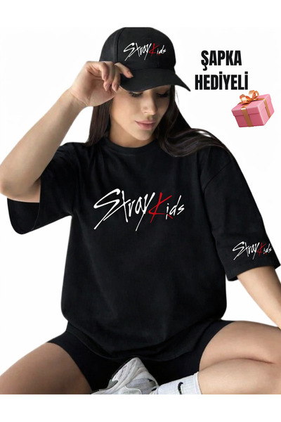 barsdepo Tricou cu logo Stray Kids cu imprimeu – Set cu șapcă și cadou CALITA...