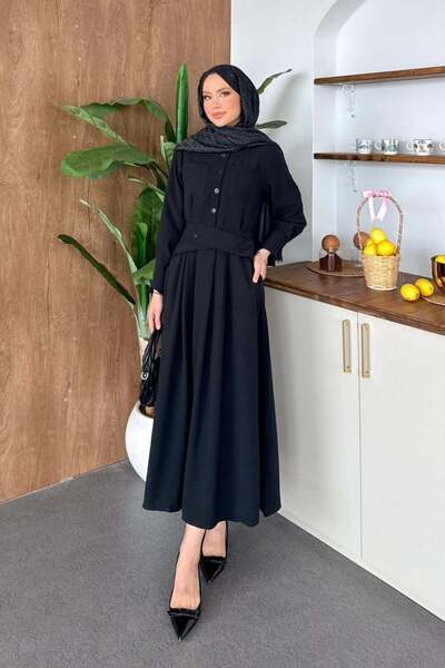 Hazamoda Silver Belted Dress Black