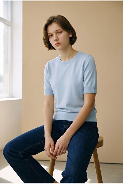 ÖNDER MODA Дамска блуза с къси ръкави от трико, с копчета и мека текстура