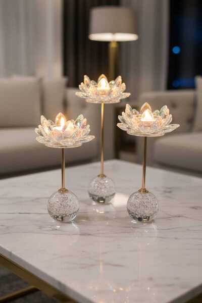 St Morritz Cam Şamdanlık Seti, Kristal Damlalı, Küre Taşlı, 3'lü, Zarif ve Şı...