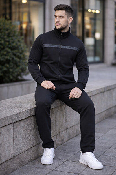 zeyra New Season Two Thread Black Top and Bottom Men's Tracksuit Set
