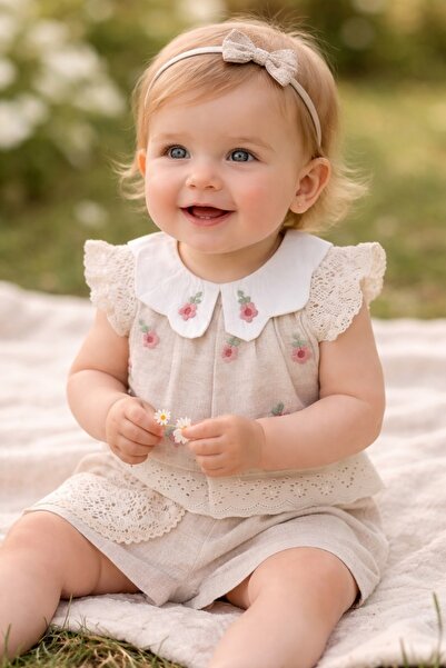 Pure Boutique Elegant girls linen set, embroidered blouse and shorts, childre...