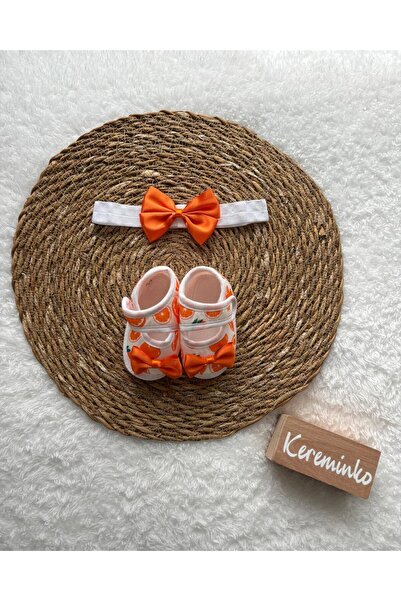 Kereminko Bebek 0-3 Months Newborn Orange Patterned White Baby Bandana Bootie...